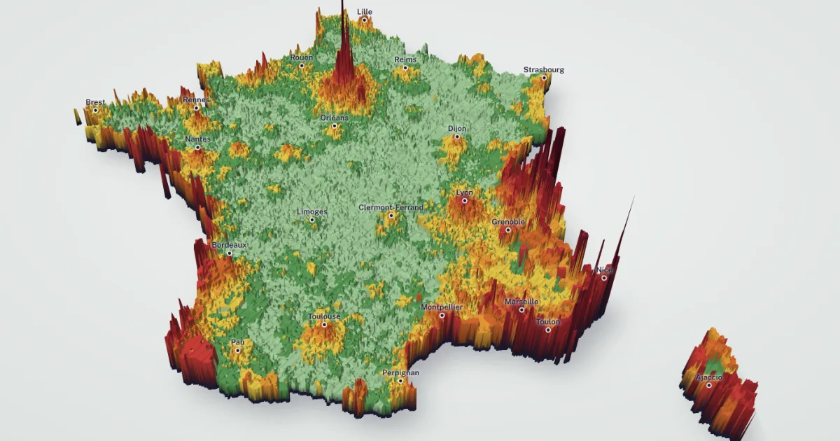 Carte en relief des prix de l’immobilier en France, commune par commune
